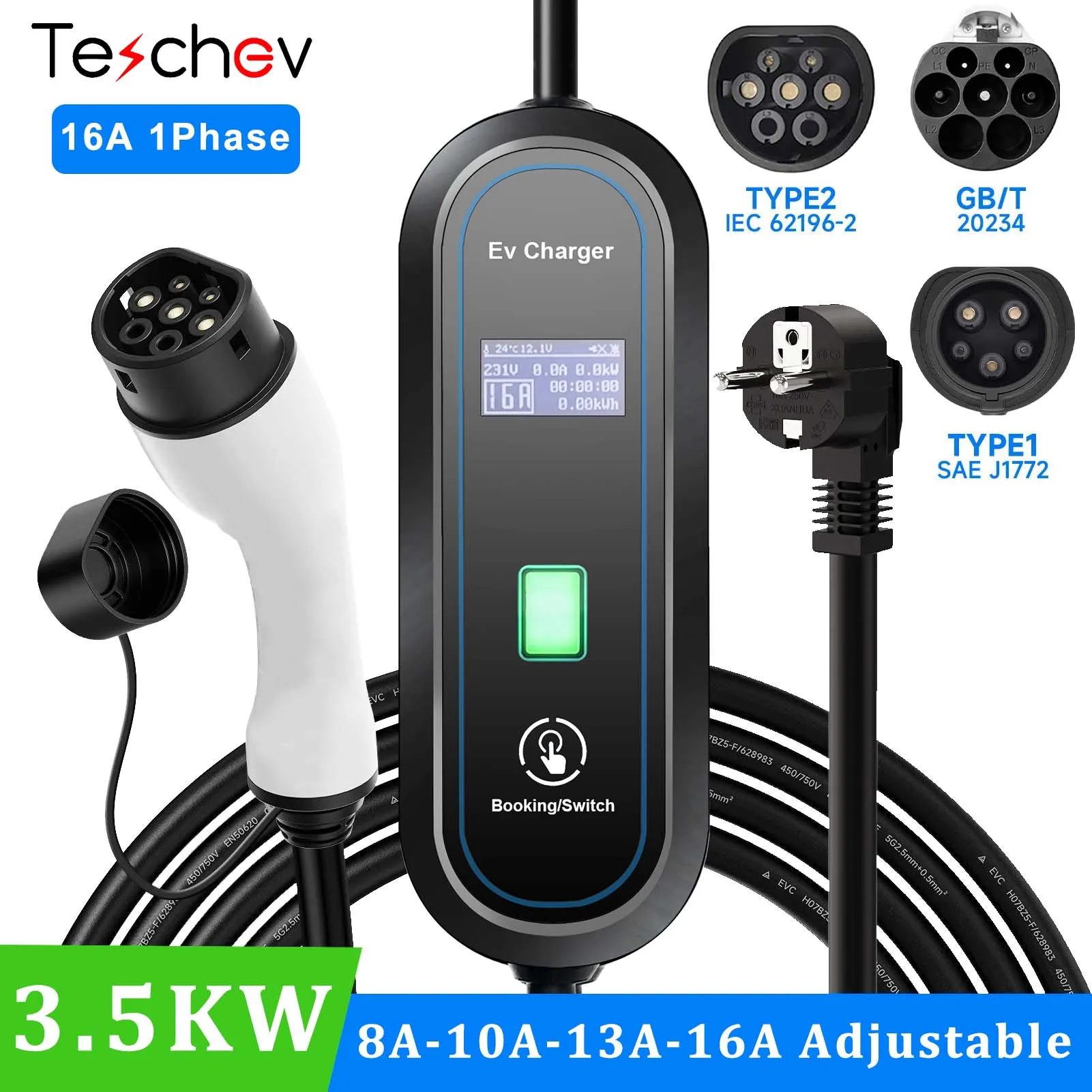 

Teschev Portable EV Charger Type2 16A 3.5KW EVSE Charging Box GBT Electric Car Charger J1772 Type1 Electric Vehicle Charger