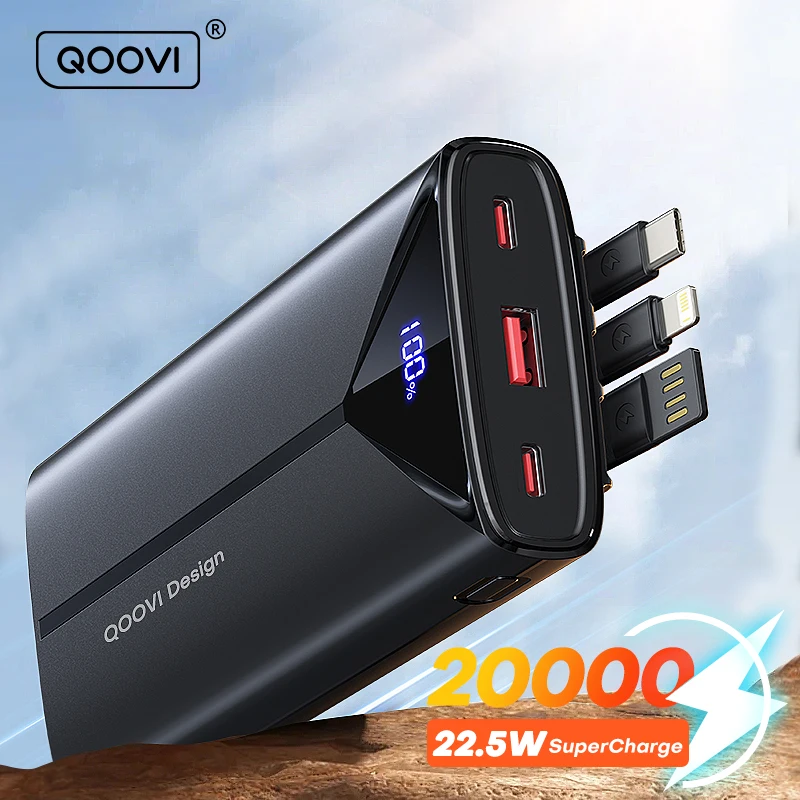 QOOVI 20000mAh Power Bank 22.5W Fast Charging Built-in Cable Portable Charger