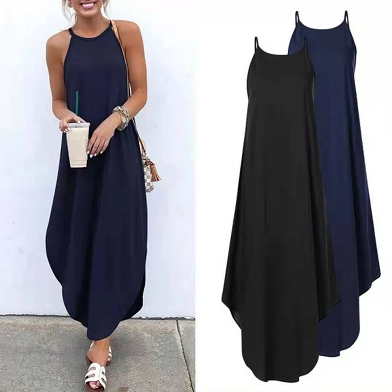 

Women Dress Summer 2023 Casual Sleeveless Retro Halter Solid Beach Long Dress Round Neck Sling Fashion Beach Clothes Plus Size
