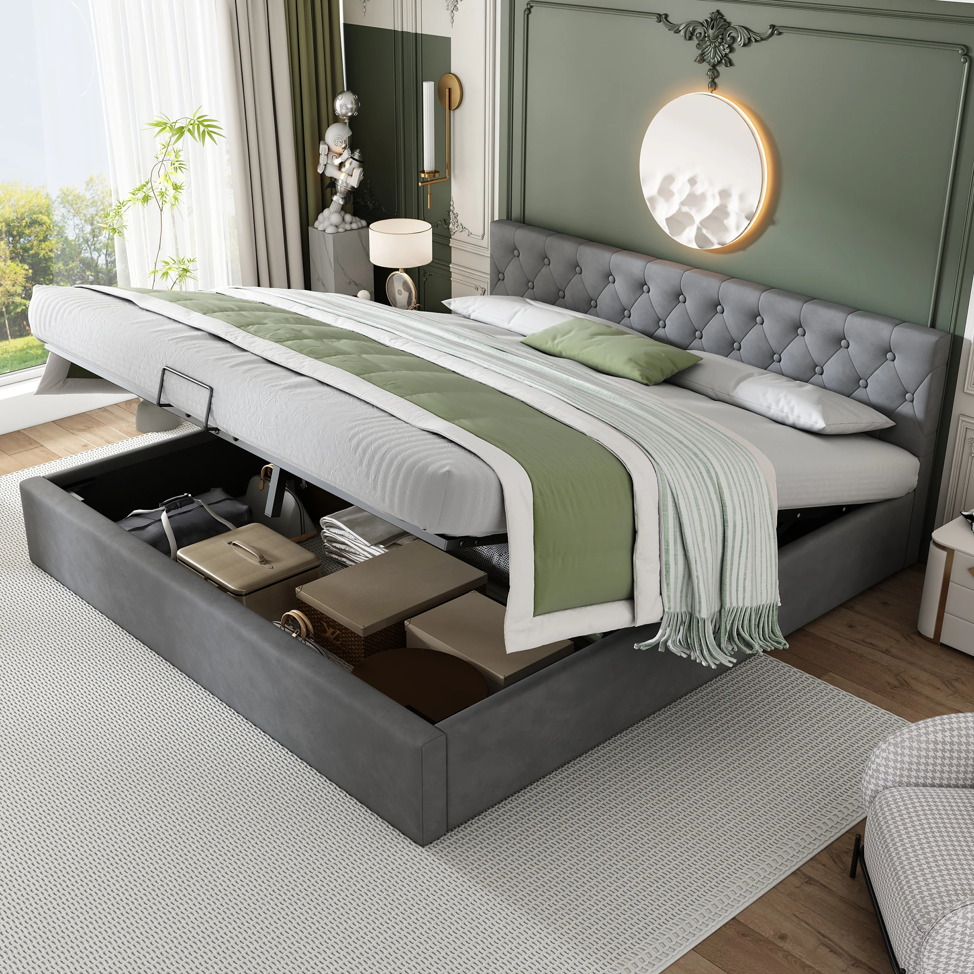 KOMHTOM Grey Velvet Upholstery bed Buttoned Headboard Hydraulic Storage Slatted