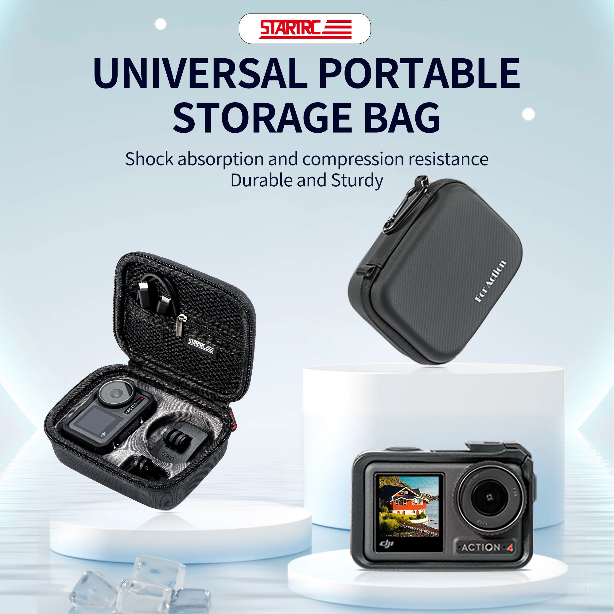 Sac de rangement pour DJI Osmo Action 5 Pro 4 3, vue latérale avec poignée de transport et sangle amovible