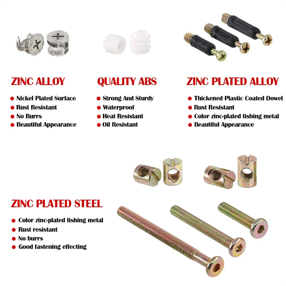 3 in 1 Cam Fitting with Dowel Pre-Inserted Nut with Zinc Plated Hex Drive Socket Furniture Barrel Nuts Crib Screws Kit 125 Pcs