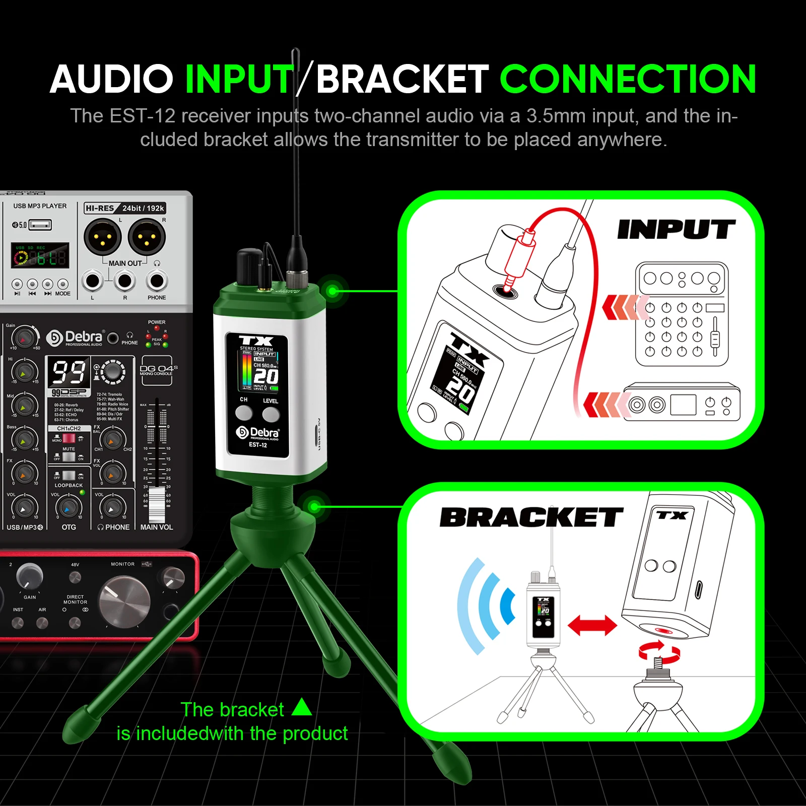 Debra EST-12 UHF Stereo Dual-channel IEM Protable Wireless In-Ear Monitor System