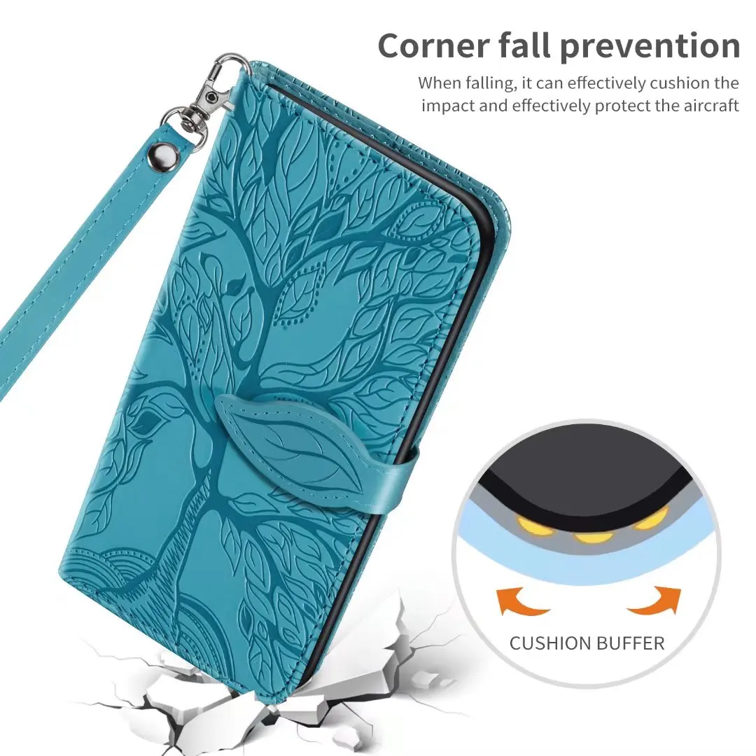 Embossed Tree Leather Phone Wallet Case - Premium Flip Cover