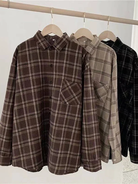 JMPRS Vintage Women Plaid Shirts Autumn Long Sleeve Oversize Button Up Tops Korean Loose Casual Fall Outwear Femme Shirts 3
