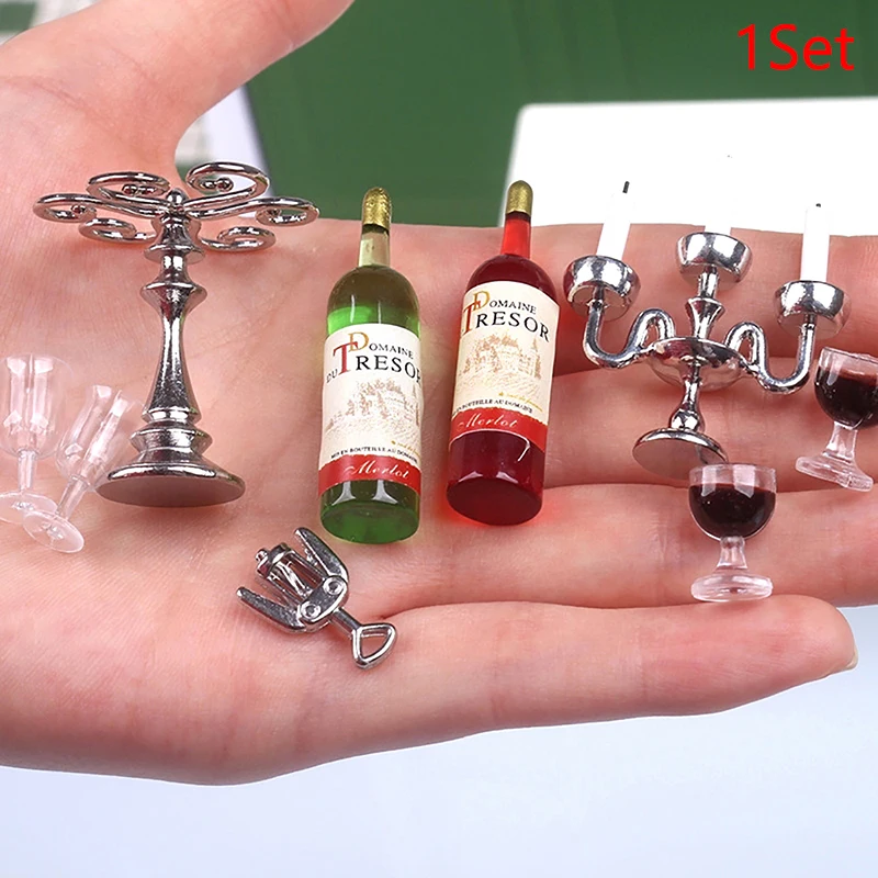 

1Set 1:12 Dollhouse Miniature Candlestick Red Wine With Wine Cup Model Mini Romantic Candle Light Dinner Scene Decor Accessories