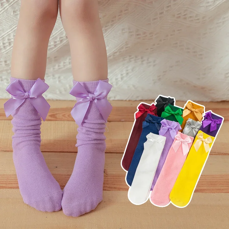 3-12 Years Summer Candy Color Bow Solid Color Tube Socks Children's Cotton Mosquito-proof Student Dancing Cute Socks