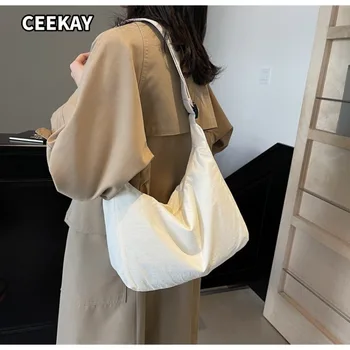 CEEKAY Washable Nylon Ruched Hobo Shoulder Bag Wide Adjustable Nylon Webbing Strap Plastic Closure Solid Color Women Casual