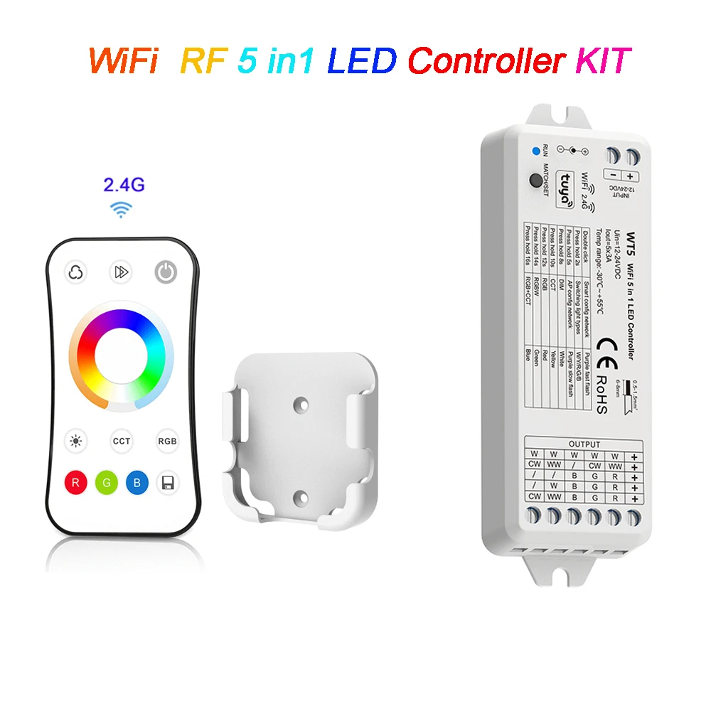 TUYA WiFi LED Strip Controller KIT 5 In 1 Smart Dimming Control Ultrathin Touch Wheel RF Remote Controller 12V 24V LED Dimmer