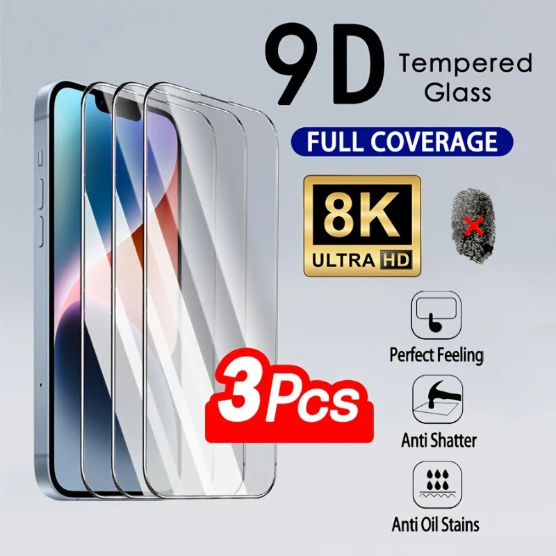 Protecteur d'écran pour IPhone 17 16 Pro Max, couverture complète 9D, 3 pièces, 14 15 Plus 11 Pro 13 12 Mini X XR