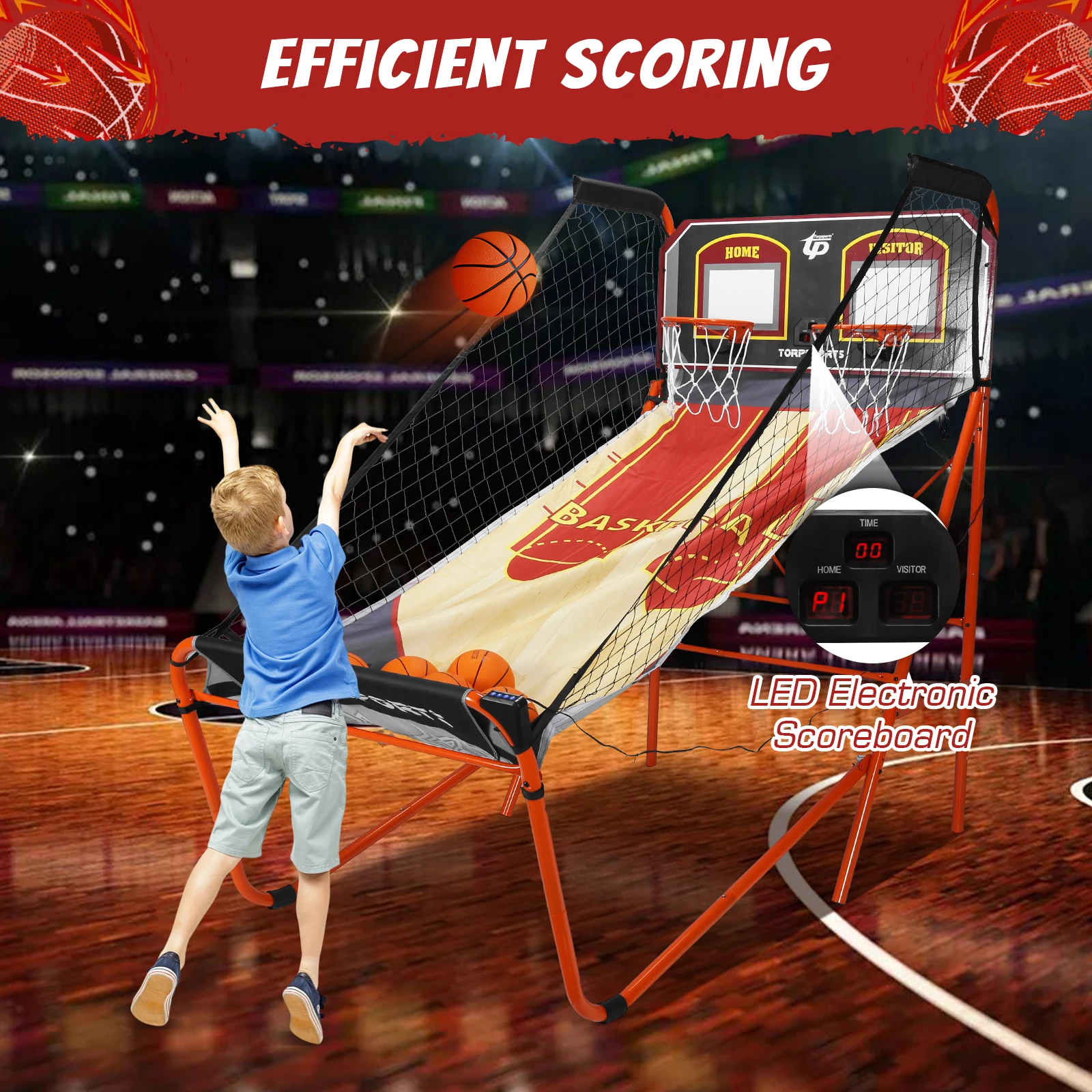 Arcade Basketball Game Set LED Electronic Scoring Folding Double Shooting Game with Steel Frame for 2 Players Kids Adults Player