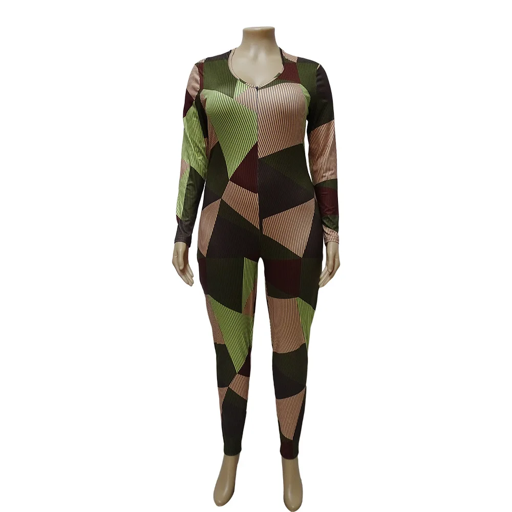 Plus Size Elegant Jumpsuit For Women Patchwork Print One Piece Outfit 2022 Fall Female V Neck Jumpsuit Lady Winter Designer Pant