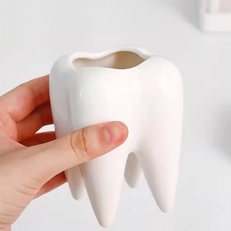 Creative Tooth Shape Pen Holder, White Teeth Toothbrush Cup, Miscellaneous Storage, Flower Pot Desktop Decoration Ornaments, 1Pc
