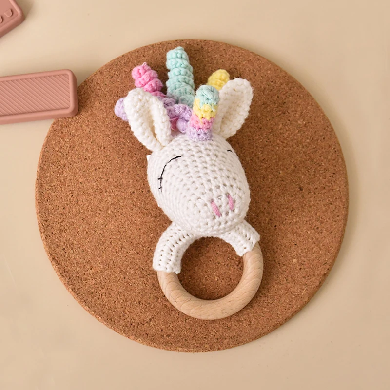 Baby Handmade Crochet Rattle Toys Wood Ring Infant Teether Cute Unicorn Rattles Stuffed Animals Montessori Toy for Newborn Gifts