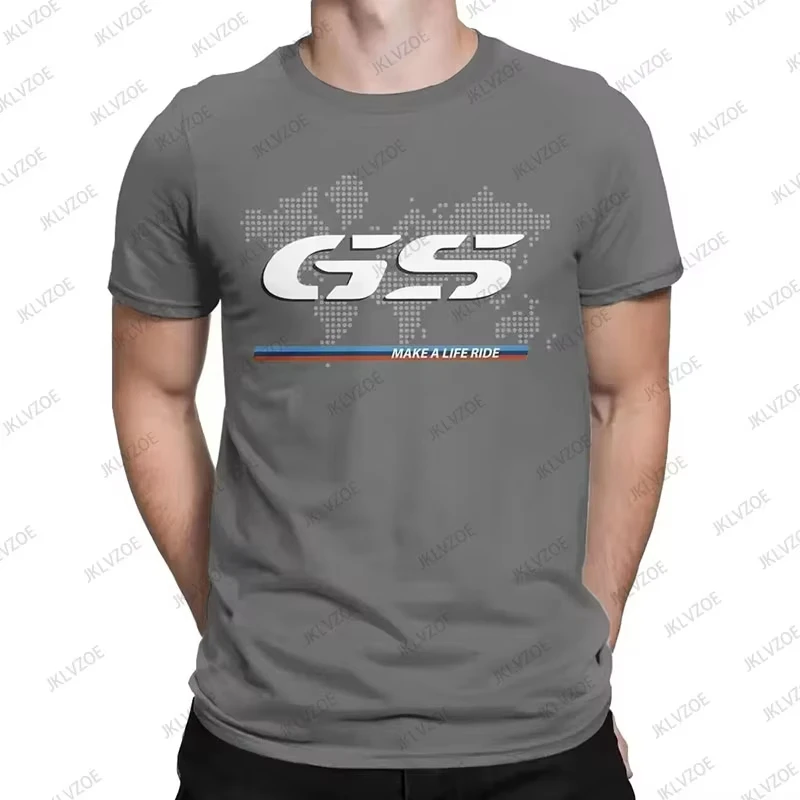 Man wearing BMW R1250GS cotton T-shirt with bold graphic in a hip hop streetwear setting gray