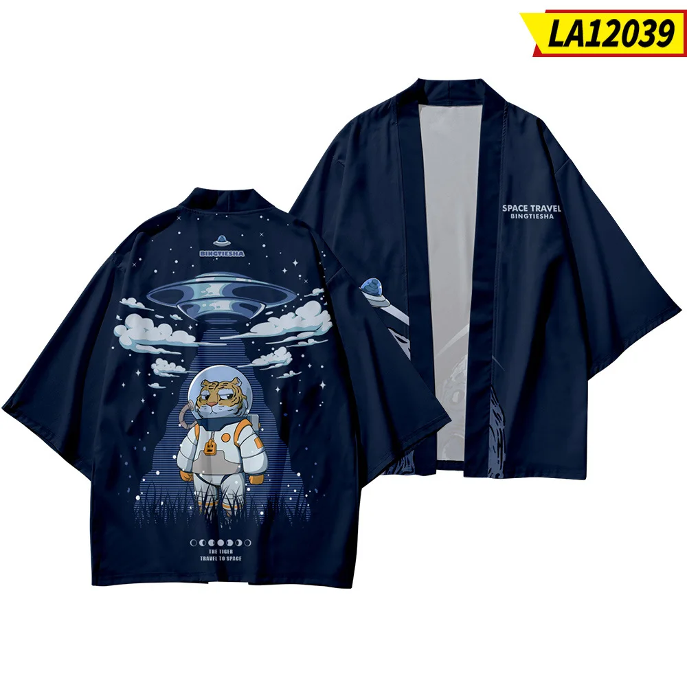

Cartoon Space Tiger Printed Japanese Kimono Cardigan Seven Points Pants Sets Harajuku Couple Women Men Casual Loose Streetwear