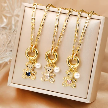 High Quality Shiny Crystal Zirconia Animal Cute Bear Pendant Necklace Choker for Woman Girl Holiday Lock Bone Chain Jewelry Gift