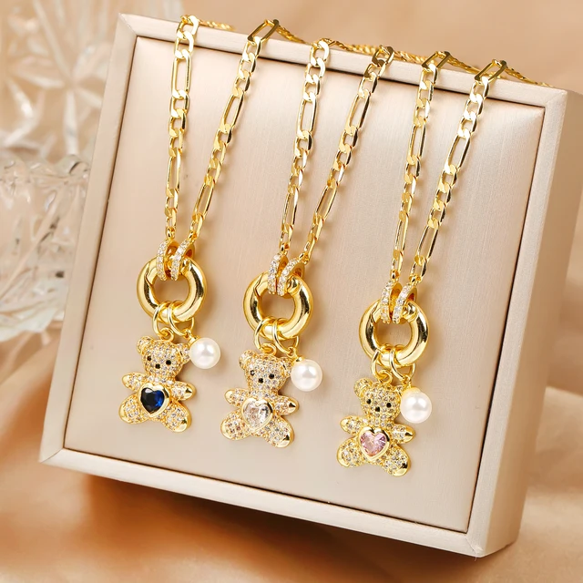 Haute qualité brillant cristal zircone Animal mignon ours pendentif collier ras du cou pour femme fille vacances serrure os chaîne bijoux cadeau