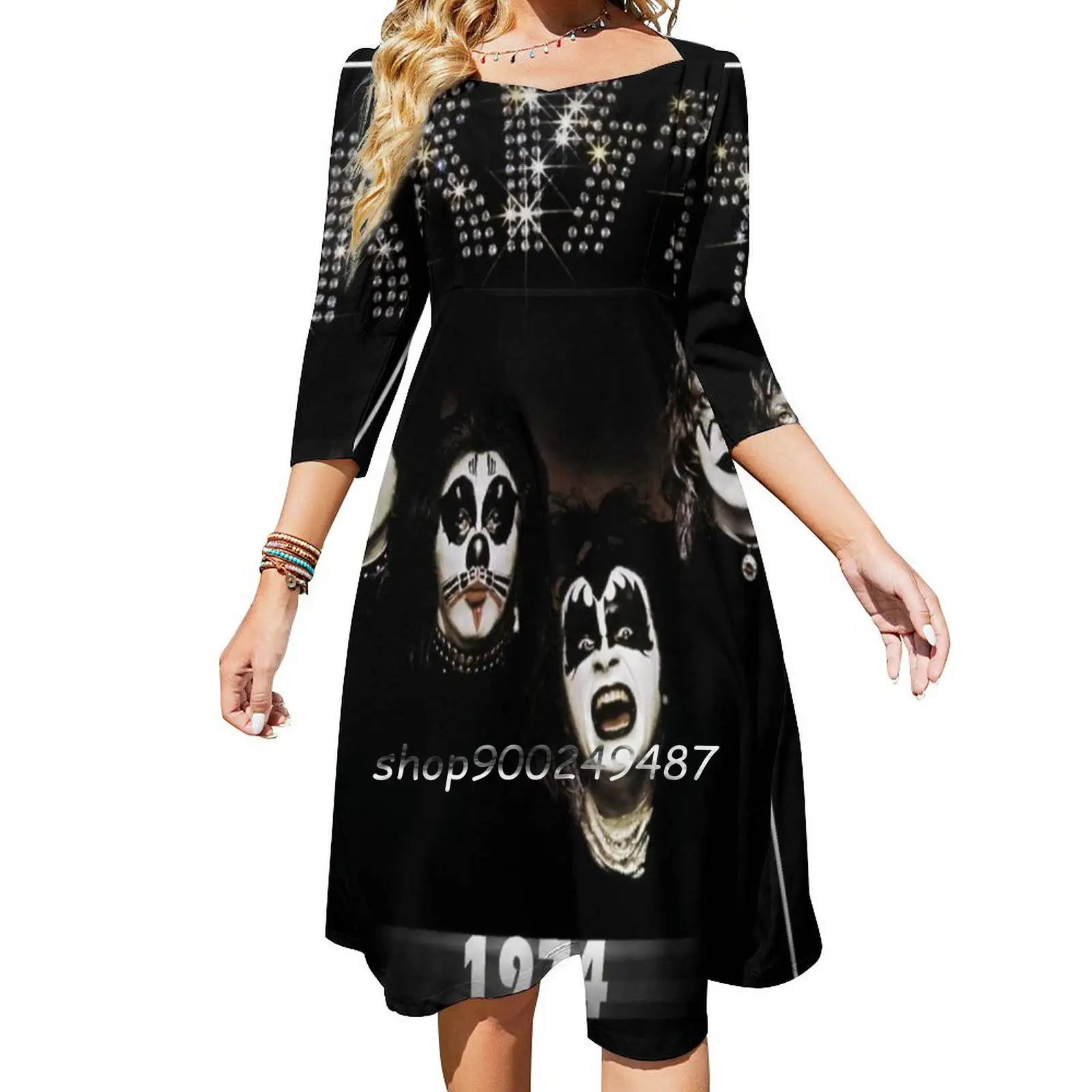 Bacio®The Band-1974 Album-Year Sweet Elegant Dress Women Coreano Kawaii Square Collar Dress Kiss Kiss Fan Art Kiss Band Kiss