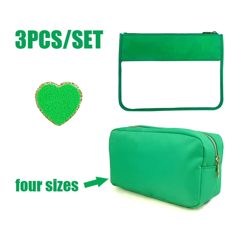 3pcs/set Toiletry Organizer Waterproof PVC Travel Cosmetic Portable Transparent Green Nylon Makeup Bag  Heart-shaped Patch