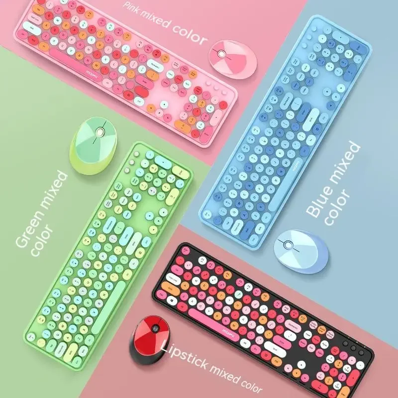 Conjunto de Teclado e Mouse sem Fio Doce para Meninas Mão Mecânica Sentir Arco-íris Retro Escritório - Imagem 5