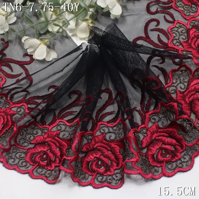 ลูกไม้ปักลายดอกไม้สีแดงบนผ้าตาข่ายสีดำ กว้าง 15 ซม. 10 หลา/ล็อต คุณภาพสูง สำหรับตกแต่งเสื้อผ้าและงานแต่งงาน 1
