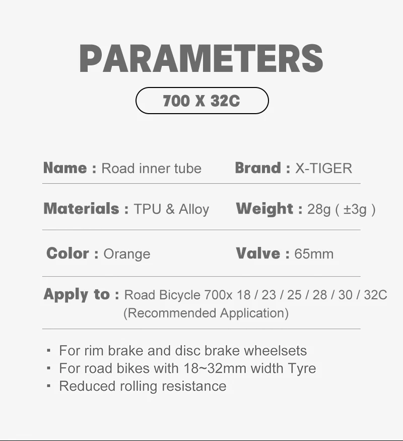 Description Picture 4 of itemX-TIGER Ultra Light 28g Bicycle Inner Tube 700X18 23 25 28 32C Road Mountain Bike TPU Tire 65mm Length French Valve Bike Accesso