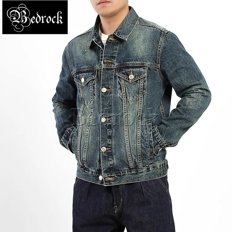 MBBCAR 14 oz men's jackets vintage one wash selvedge denim jacket loose whisker make old distressed classic casual jean jacket