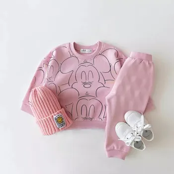 Tute rosa neonate puro cotone Casual sport due pezzi Set Mickey Full Printed felpe + pantaloni bambino girocollo top 1