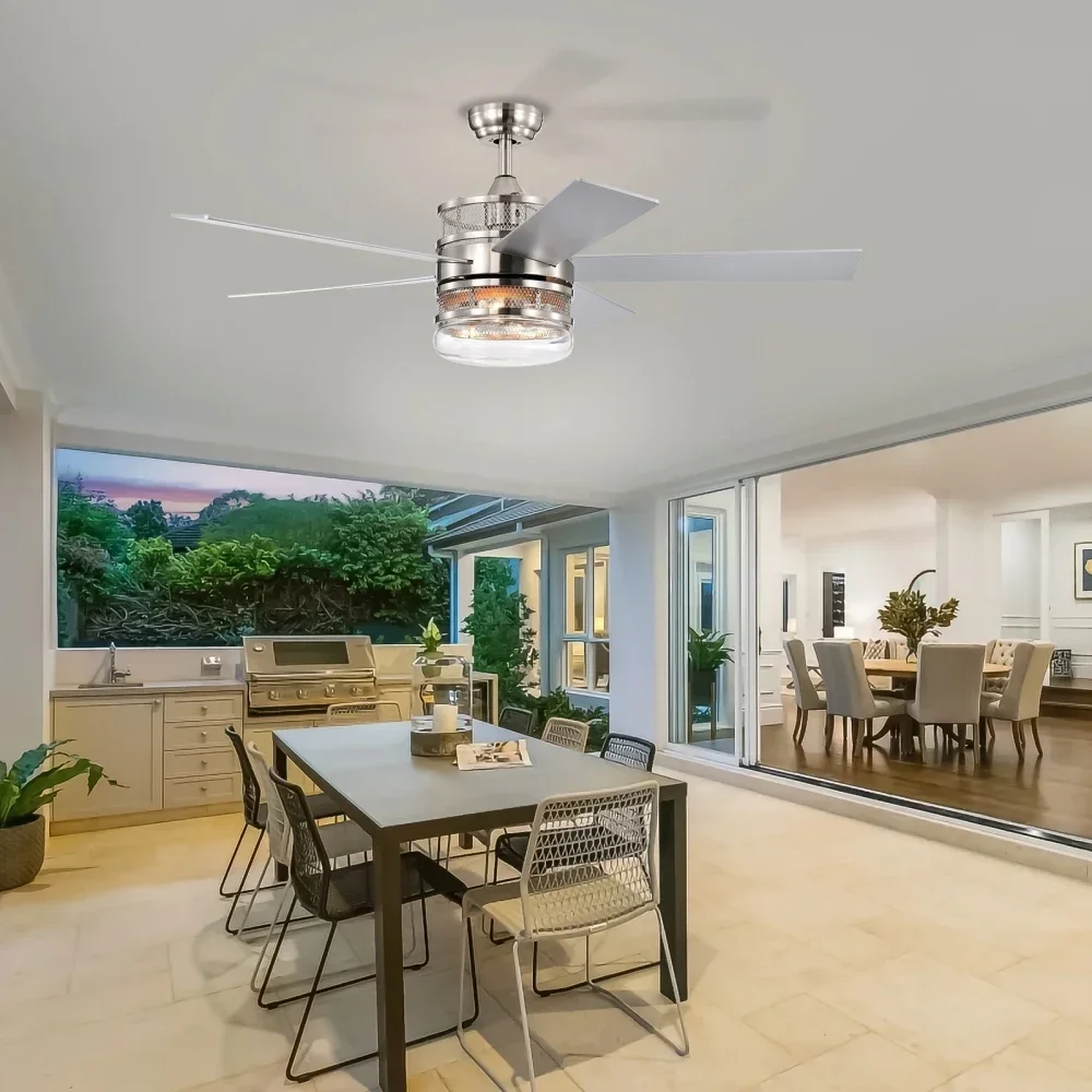 52-inch 5-blade Plywood Blades Ceiling Fan ,Dual Lamp Shade Ceiling Fan with Remote Control (Optional Remote)-Satin Nickel