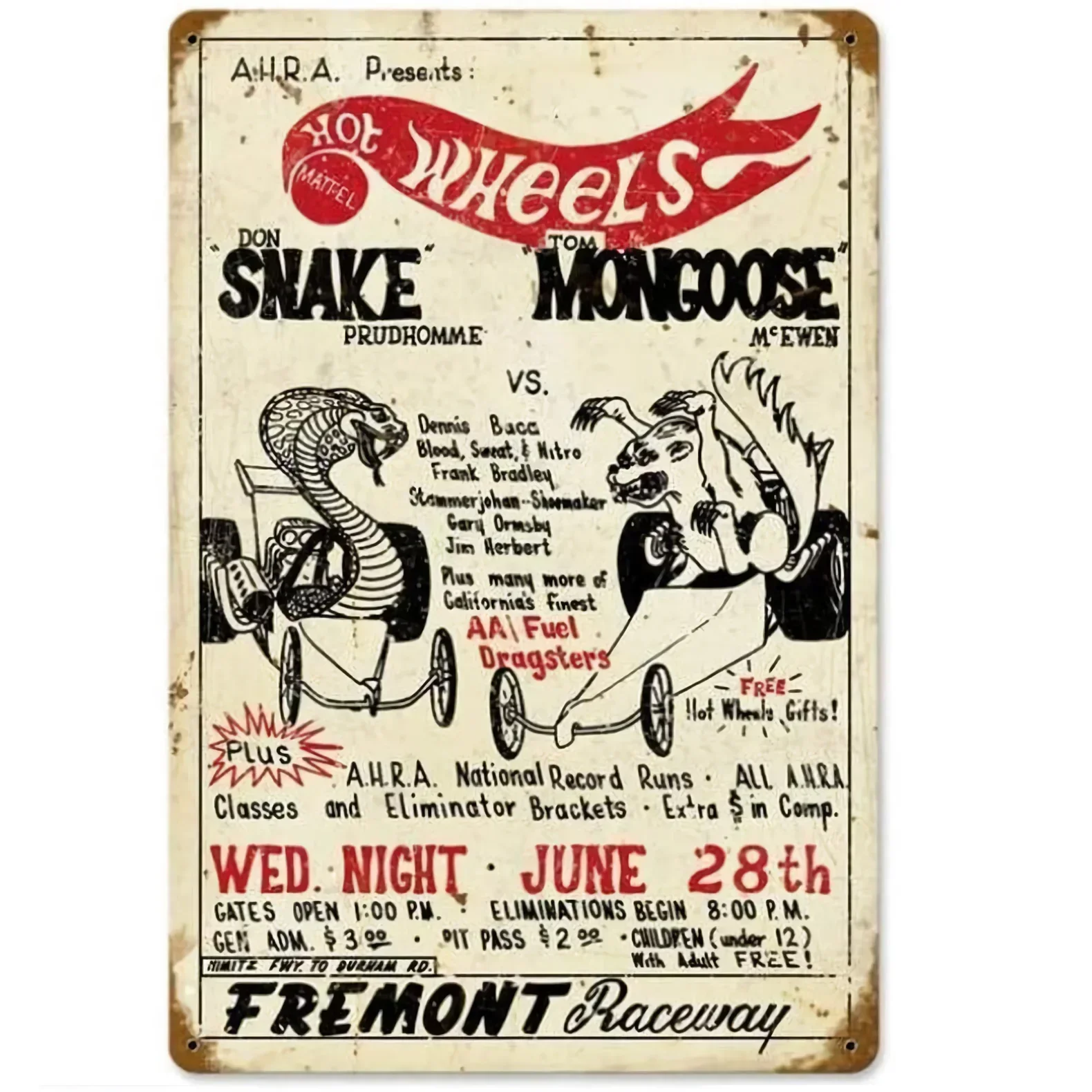 Targa In Metallo Poster Hot Wheels Snake Mangoose Tin Sign Farm Home Garage Coffee Bar Decorazione Della Parete Piastra Metallica Retrò 12*8 Pollici