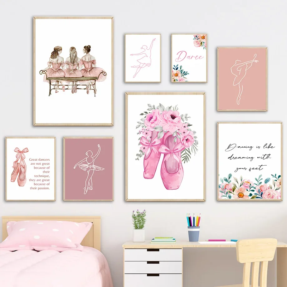 

Ballerina Girl Shoes Flower Nursery Education Wall Art Nordic Posters And Prints Canvas Painting Pictures Baby Kids Room Decor