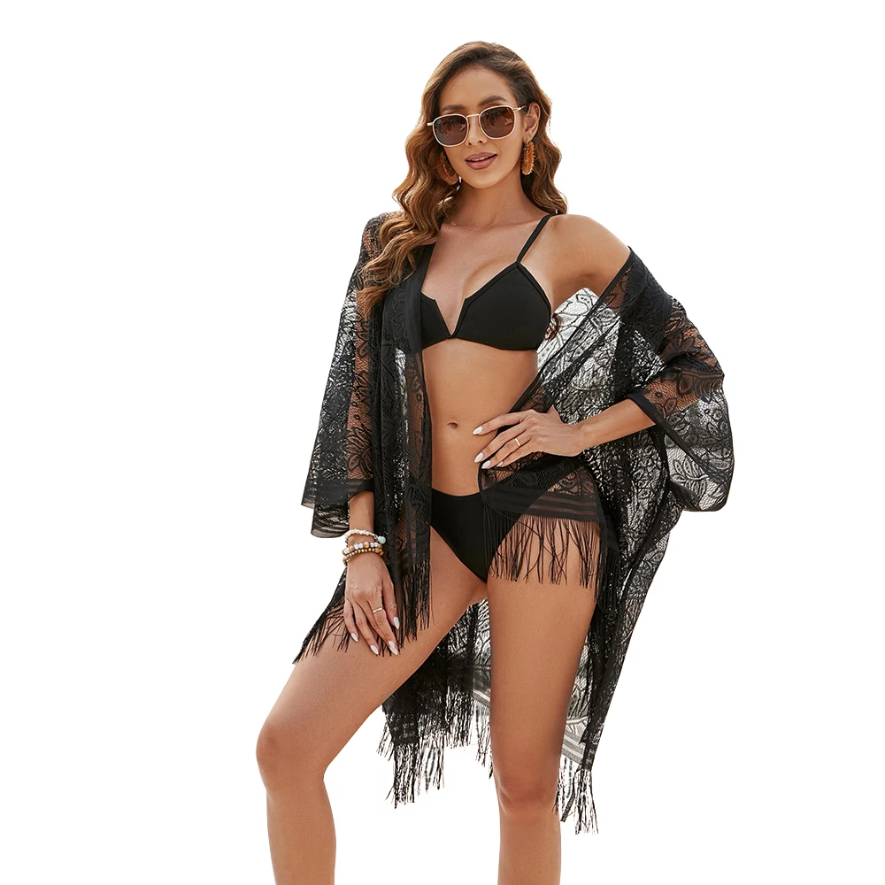 Women Summer Hollow Out Black Lace Cardigan Sun Protection Shawl Lady Holiday Bikini Blouse Breathable Beach Cape Sexy Tippet