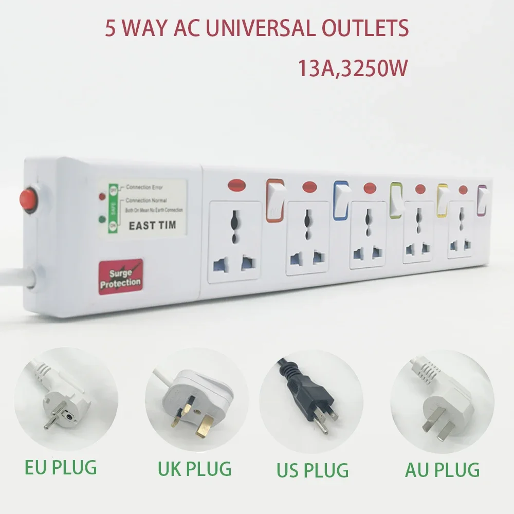 Regleta de alimentación con interruptor individual, 5 salidas y 2 puertos  USB, protección contra sobrecarga de 15 A, regleta de alimentación