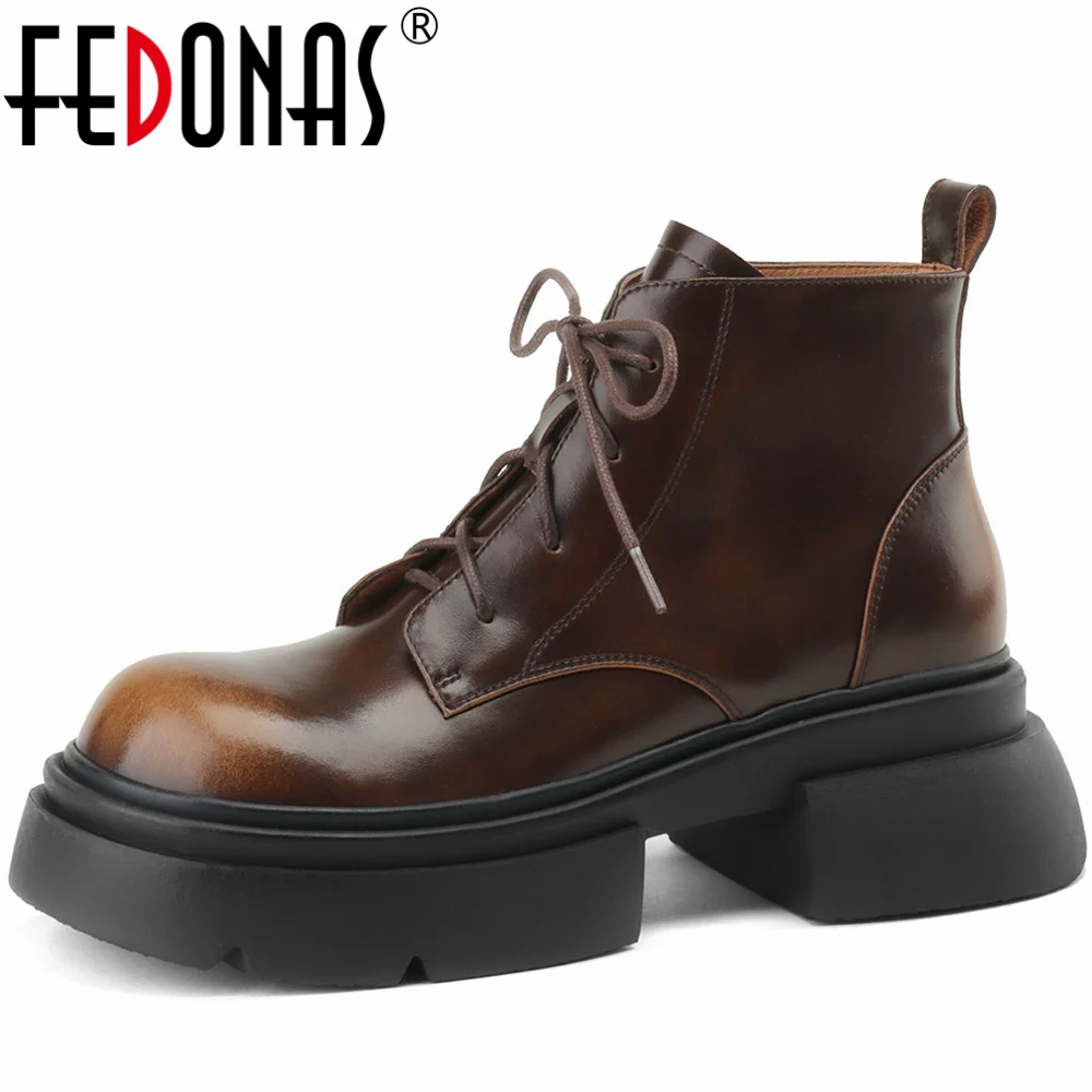 

FEDONAS Classic Retro Women Ankle Boots Lace-Up Genuine Leather Shoes Woman Round Toe Platforms Casual Working Autumn Winter New