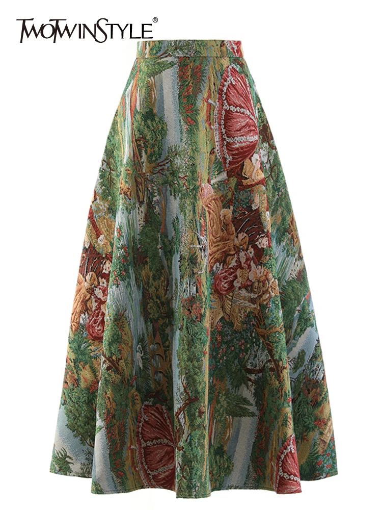 

TWOTWINSTYLE Vintage Jacquard Midi Skirt For Women High Waist A Line Print Colorblock Ruched Long Skirts Female Summer Clothing