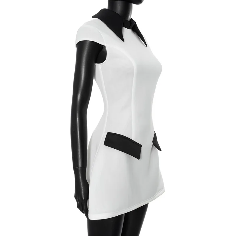 Vestido mini de verano con contraste para mujer, cintura alta, patchwork, solapa, ajustado, elegante, estilo urbano
