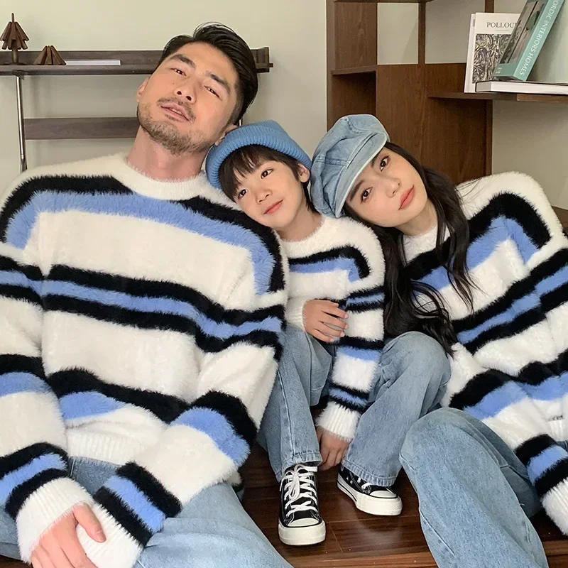 

Family Mohair Sweater Korean Fashion Striped Colored Ladies Cardigan Sweater Father Mother and Son Daughter Equal Knitted Jumper