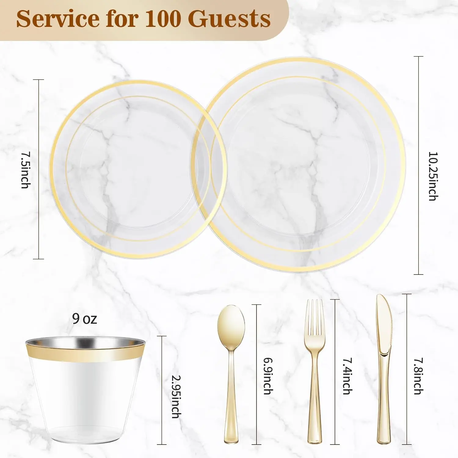 600PCS Plastic Dinnerware Set (100 Guests), Clear Gold Disposable Plates for Party, Wedding, Anniversary Includes: Dinner Plates
