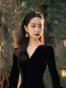 OCEANLOVE 2024 Spring Autumn Women Dresses Velvet Hepburn Style Solid Lantern Sleeve Vestidos Mujer French Vintage Long Dress 5
