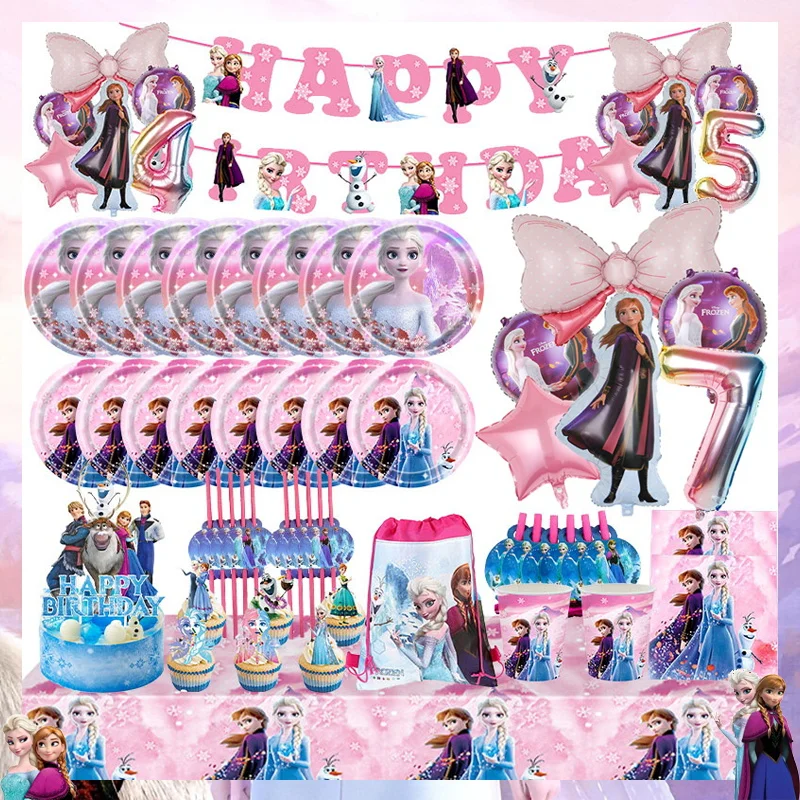 Disney Frozen Birthday Decorations Snow Queen Tema Tovaglioli Piatti Tazze Stoviglie Rosa Anna Elsa Princess Balloon Background Girl