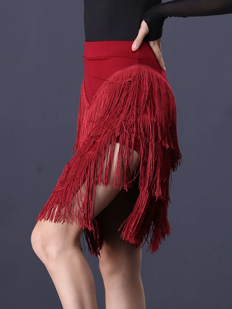 

Women Latin Dance Skirt Irregular Ballroom Rumba Samba Tassels Dancewear Adult Female Training Chacha Performance Costume