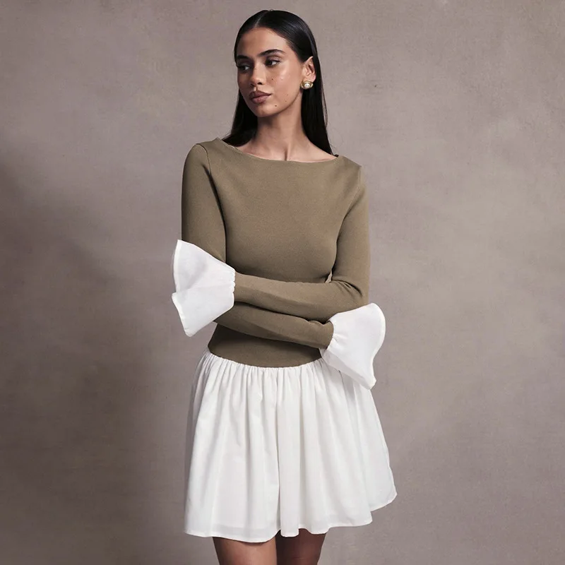 Ruffled Contrast Casual Mini Dress Women's Patchwork High Waist Elegant Fashion Party Dress Female Y2k Mini Dress New