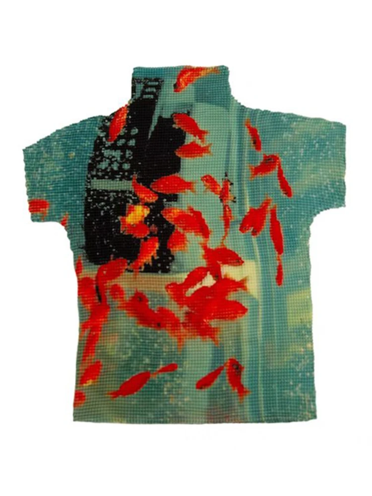 Summer Y2K retro Green Goldfish Print T-Shirt Women Vintage Half Neck Short Sleeve Stretchy Slim Fit Cropped Tops Cute Sexy New 3