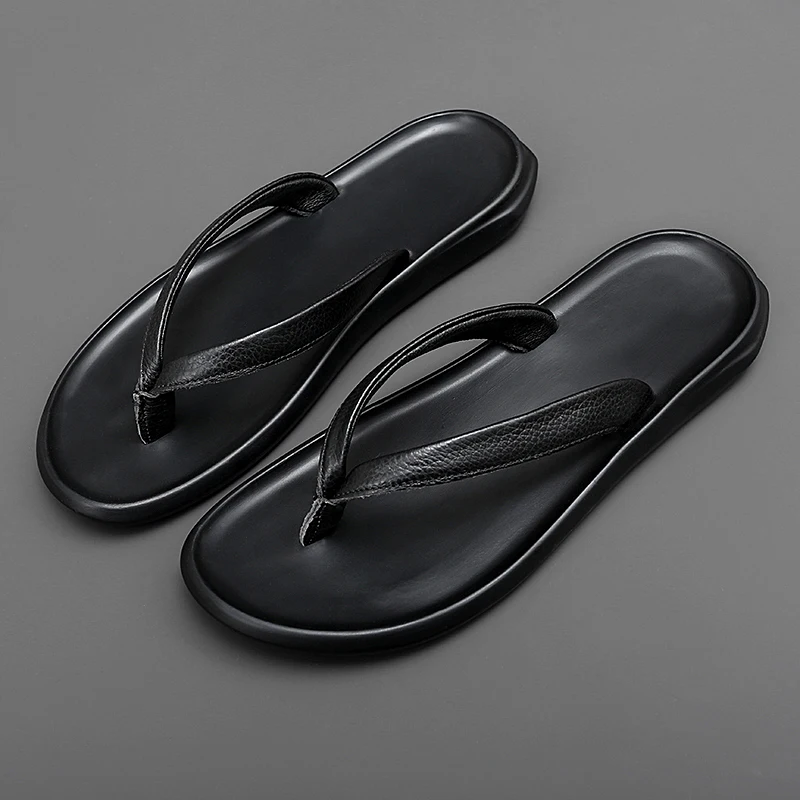 Summer Mens Luxury Genuine Leather Flip Flops Slippers For Men High Quality Flat Slippers Minimalist Size 38-44 Dropshipping — view 6
