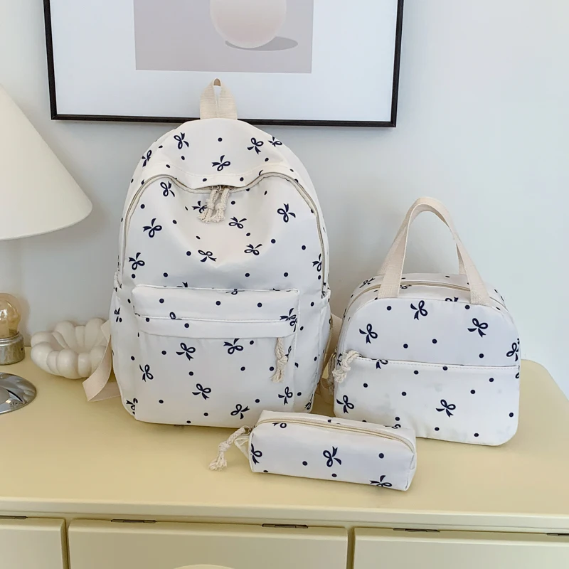 3Pcs Kawaii Nylon Backpack with Handbag & Pencil Case All-Match School Bag Bowknot Printed Cute Bowknot Backpack Trip Backpack 5