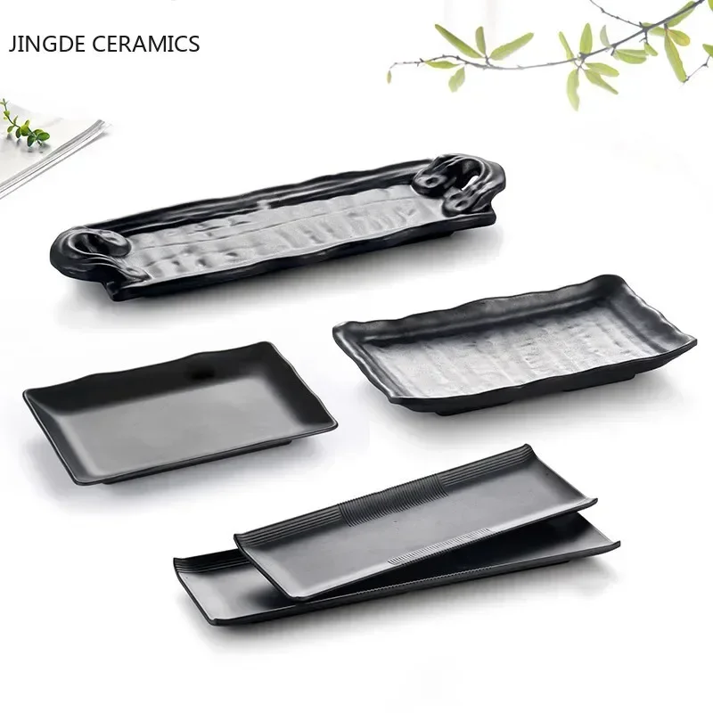 Barbecue Plate Black Scrub Striped Barbecue Meat Sushi Plate Melamine Kitchen Cutlery Korean Cuisine Saury Fruit Dessert Sushi Storage Plate