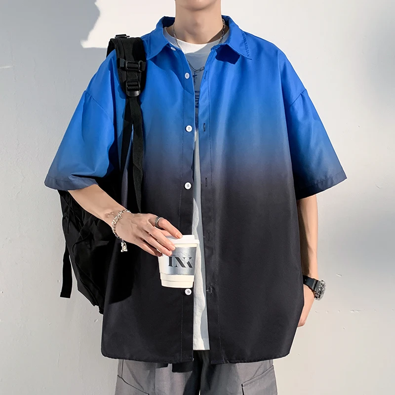 

2023 Summer Men's High Grade Cool Gradient Color Breathable Shirts Fashion Trend Casual Short Sleeves Shirt Big Size M-5XL