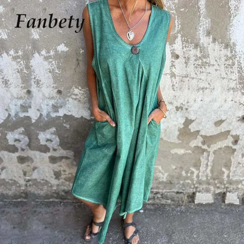 

Summer Female Sleeveless Solid Color Beach Long Dress 2024 Women Folds Casual Dresses Simple New Loose V-Neck Mid Slit Dresses
