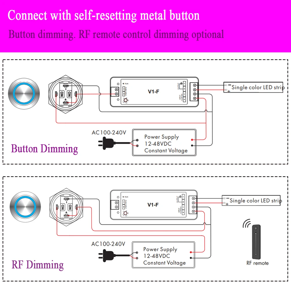 Fade-in Fade-out Push RF LED Dimmer V1-F 5 Fading Speed Push Dimming DC 12V 24V 36V 48V Match With 2.4G Remote Controller led dimmer switch led dimmer controller smart dimmer switch